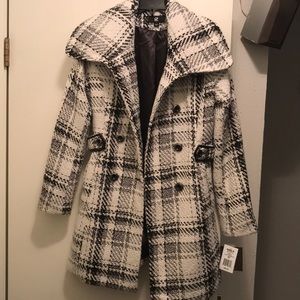 Black and white plaid winter pea coat